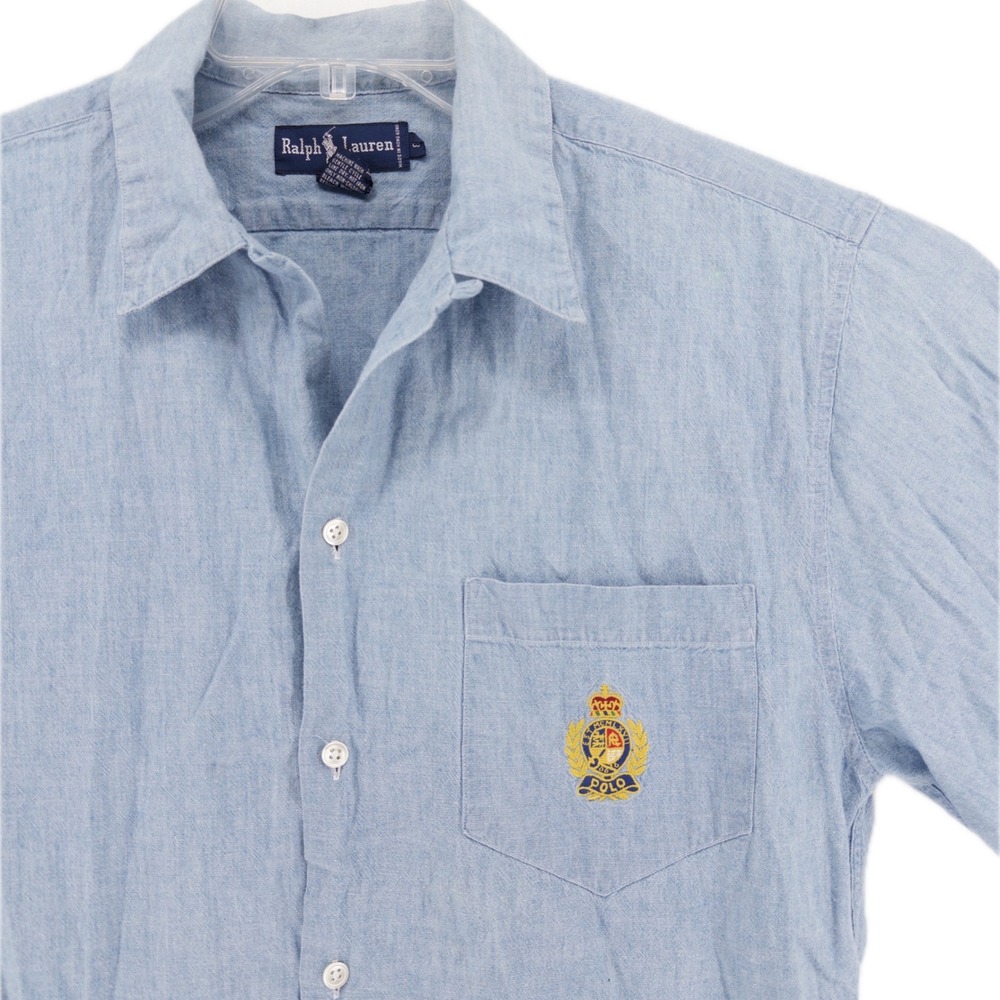Vintage Ralph Lauren Mens L Chambray Loop Collar Crest Button Down Shirt Blue